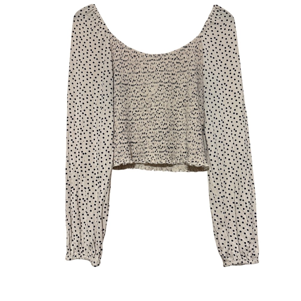 GB Polka Dot Smocked Crop Top Womens L Cream Black Long Sleeve Excellent‎